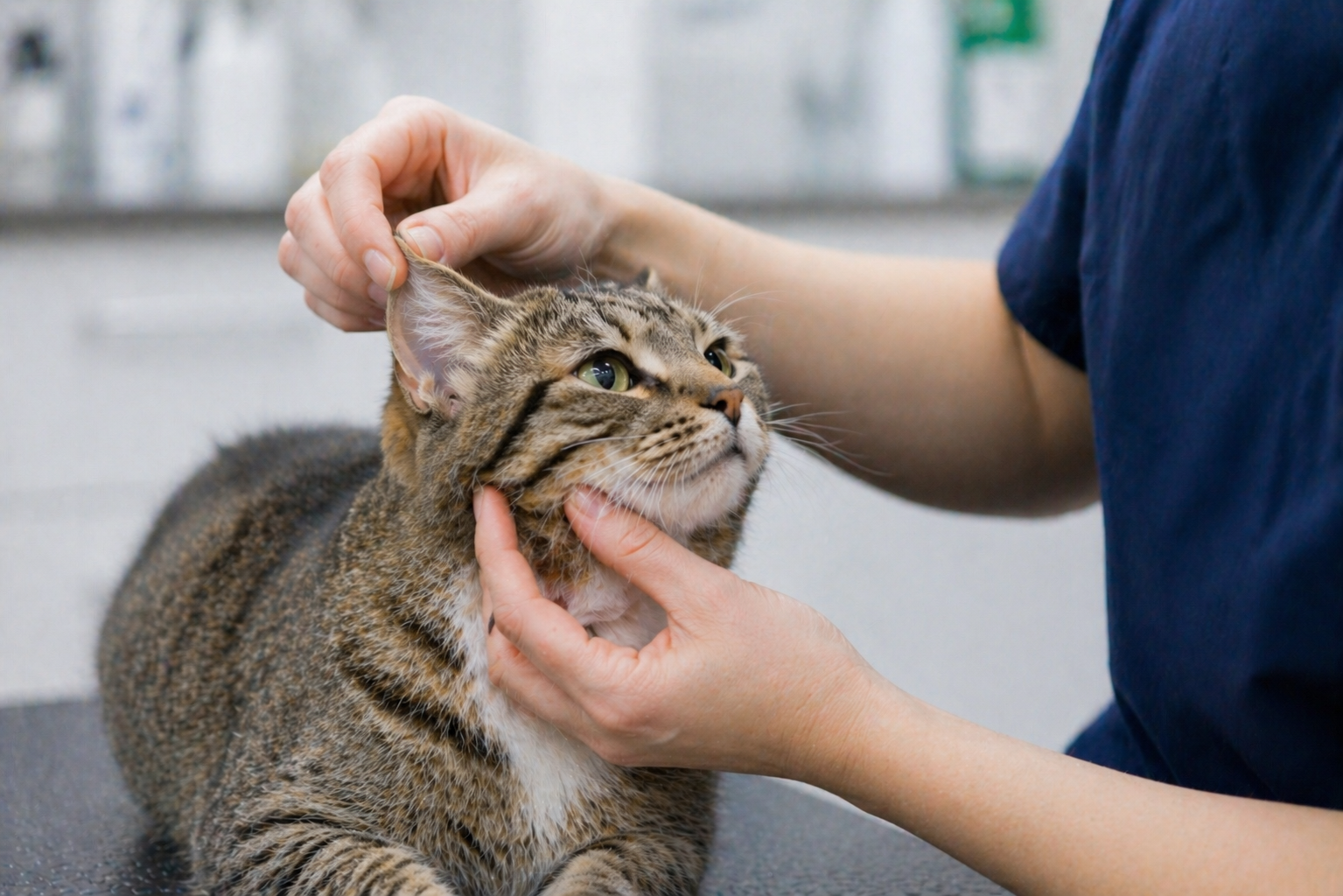 Avlivning av hund og katt: Når er det riktig å la kjæledyret få slippe? 3 katt, veterinær, undersøkelse av ører, illustrasjon til avlivning